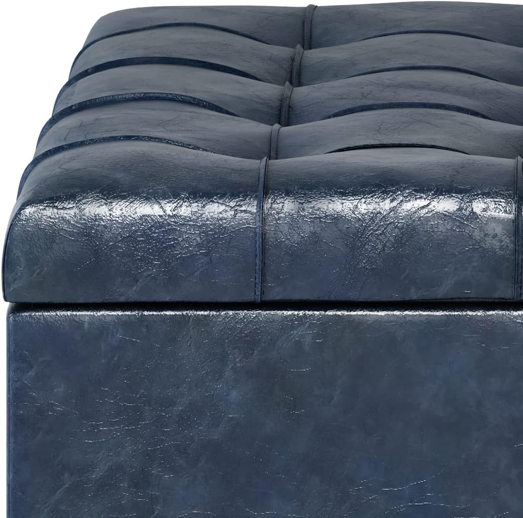 SIMPLIHOME Harrison Coffee Table Storage Ottoman - 36 inch Wide Upholstered Vegan Leather Square Lift-Top Ottoman in Denim Blue, Transitional Ottoman for Living Room with Hidden Storage