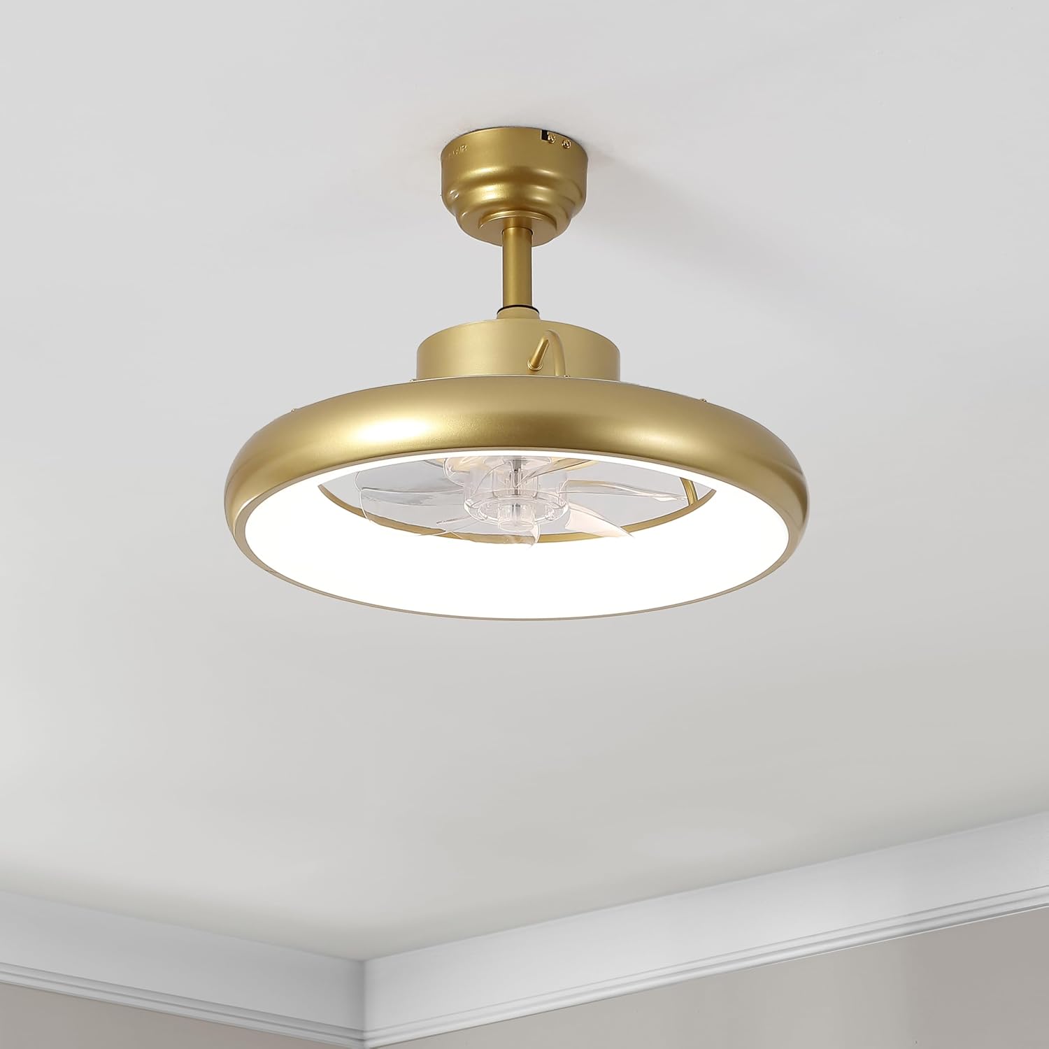Oval AIR Loren 20' Small Smart Ceiling Fan with Light, Semi Flush Mount, Quiet 6-Speed Reversible Motor, Dimmable LED, Adjustable CCT, App & Remote Control, Modern Glam, Gold AIR8002A