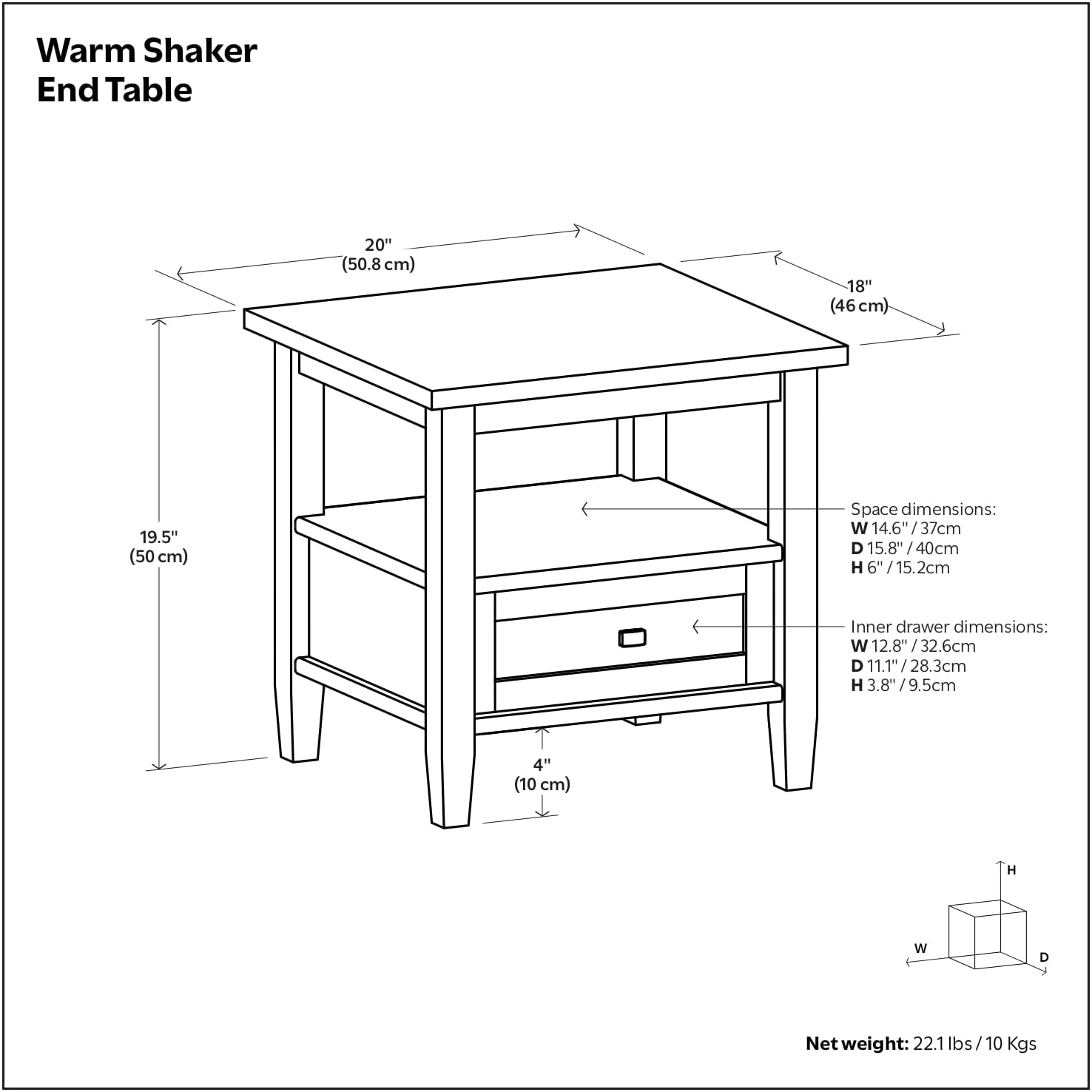 SIMPLIHOME Warm Shaker End Table - 20' Wide x 20' High Solid Wood Side Table in Tobacco Brown, Transitional Accent Table for Living Room or Bedroom with Drawer, Open Shelf and Square Tapered Legs
