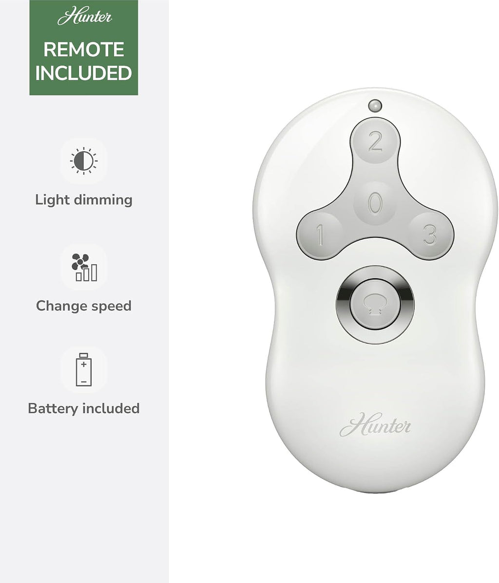 Hunter 52 inch Indoor Ceiling Fan with LED Light and Remote Control - Modern White Ceiling Fan, Standard Mount, 3 Blades, For Bedroom, Living Room, or Kitchen, Quiet - Ronan 59238, Fresh White
