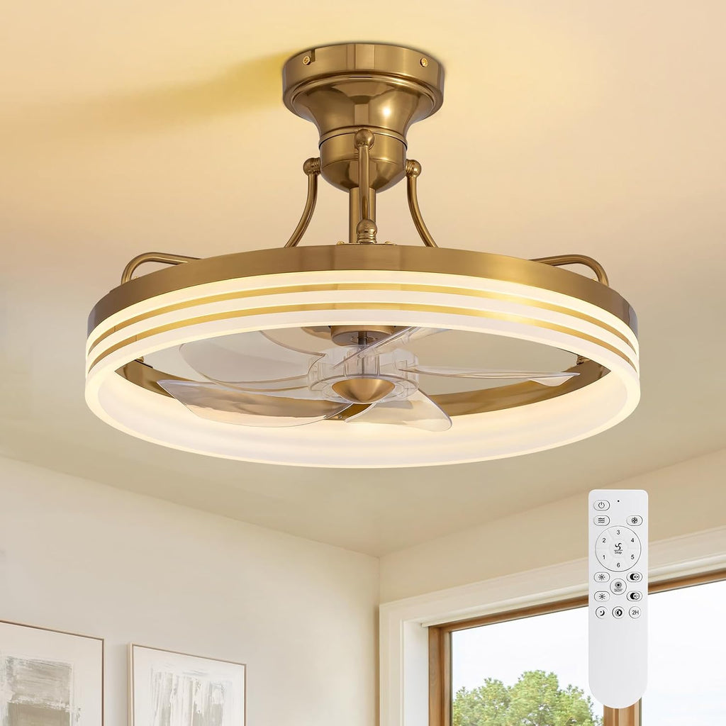 20inch Ceiling Fan with Light Gold Flush Mount Fandelier with Remote Control Modern LED Ceiling Fan 6 Wind Speeds Fandelier for Bedroom Living Room Kitchen