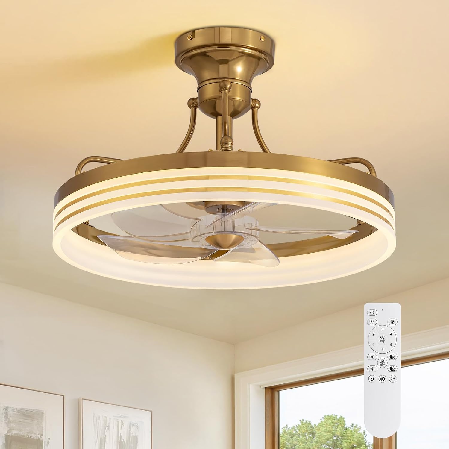 20inch Ceiling Fan with Light Gold Flush Mount Fandelier with Remote Control Modern LED Ceiling Fan 6 Wind Speeds Fandelier for Bedroom Living Room Kitchen
