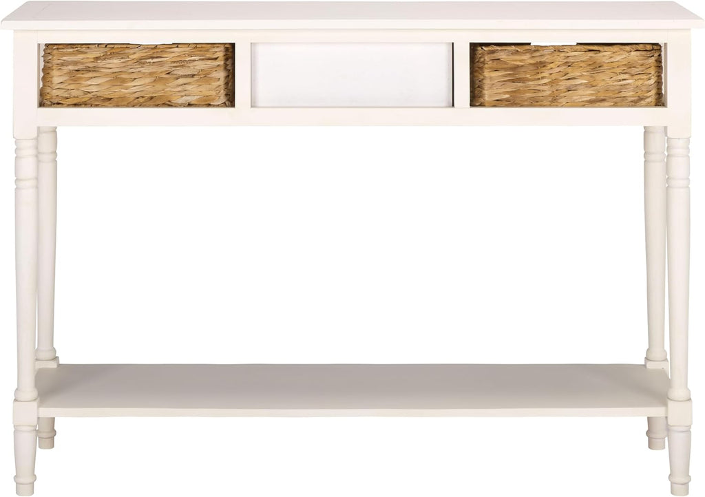 SAFAVIEH Home Collection – Christa Ivory Console Table, 3-Drawer Storage with Natural Basket Drawers, Coastal Entryway Design (AMH5737K)