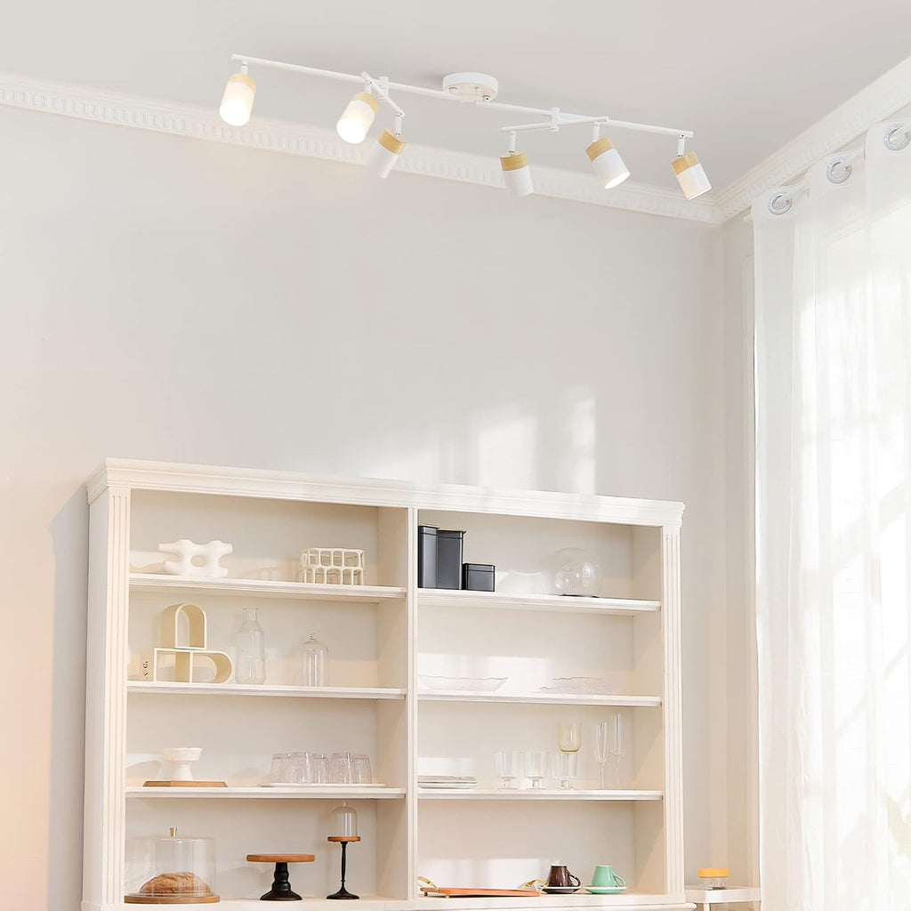 Globe Electric 64000055 42' 6-Light Track Lighting, Double Center Swivel Bar, Matte White, Wood Toned Accents, Ceiling Light, Pivot Shades, 6 Bulb, Kitchen Lights, GU10 Sockets