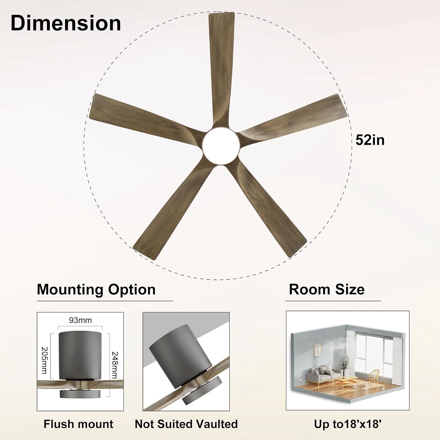 ELEHINSER 52 Inch Flush Mount Ceiling Fan with Lights, Low Profile Modern Ceiling Fan with Remote, Quiet DC Motor, 6-Speed, 3CCT,Timer, 5 Solid Wood Blades, Charcoal Grey