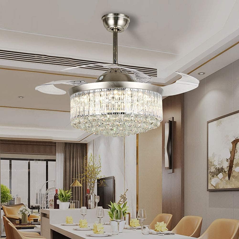 42' Modern Fandelier Retractable Ceiling Fan with Light Remote Control Crystal Chandelier Fan with 3 Color Changes 3 Fan Speeds Silent LED Ceiling Fan for Dining Living Room Bedroom