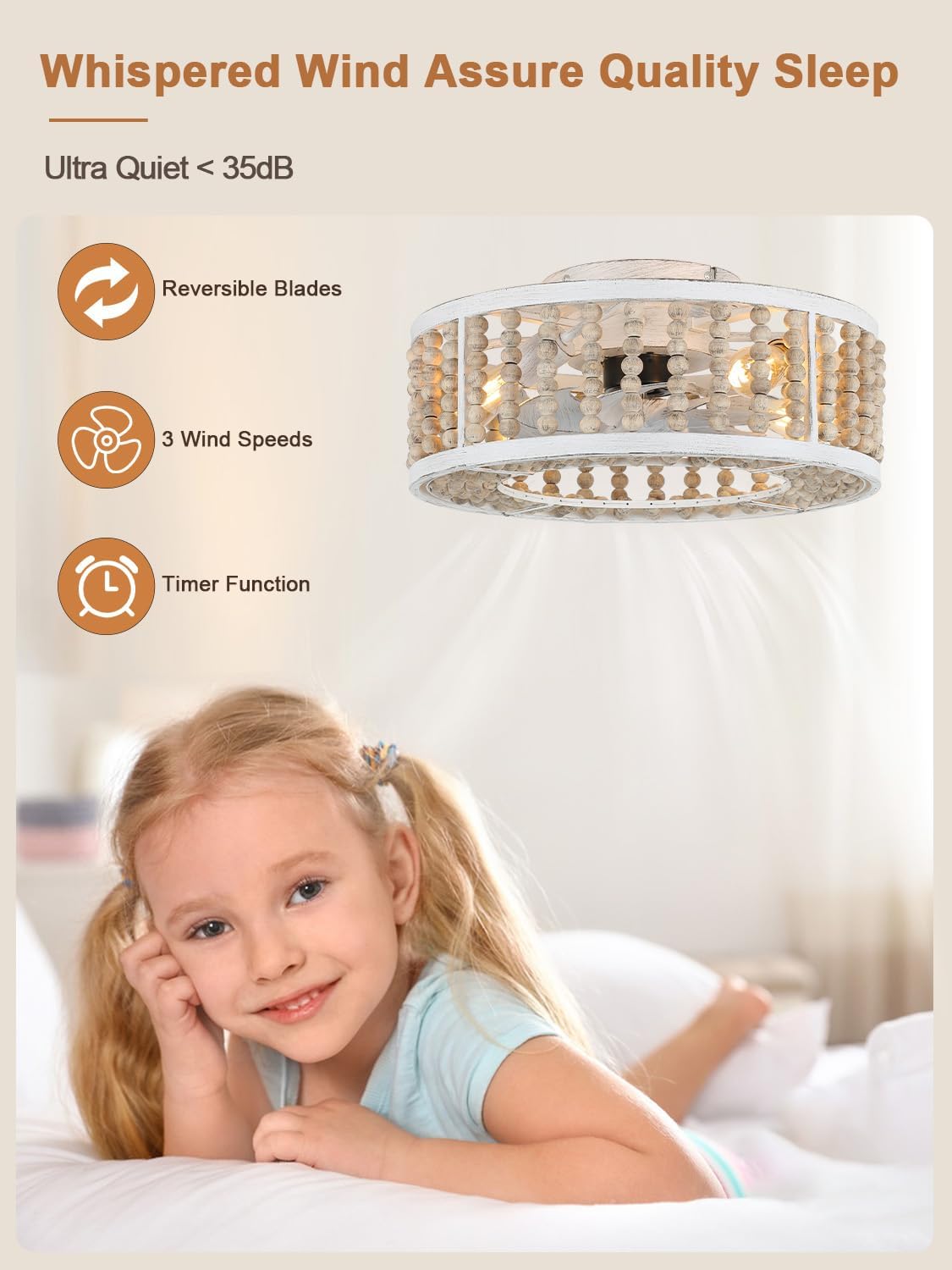 20' Boho Ceiling Fan with Light Caged Chandelier Fan with Handcrafted Beaded Bladeless Bohemian Low Profile Flush Mount Fan for Bedroom Living Room Dining Room