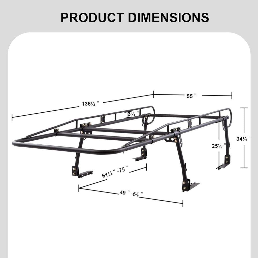 Rockland Universal Full-Size Steel Over-Cab Truck Rack, 800 LBS Capacity, 136.5' x 55' x 34.25', 49'-64' Adjustable Truck Bed Width, Extendable Truck Ladder Rack with None Drilling C-Clamps