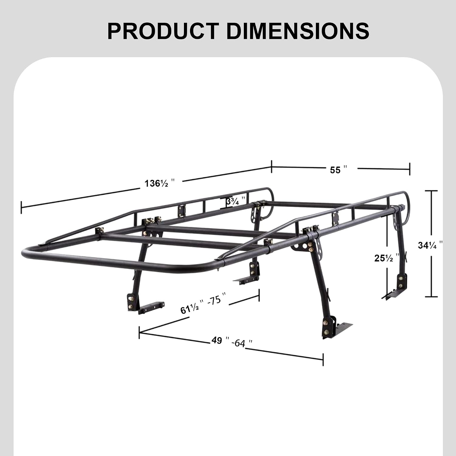 Rockland Universal Full-Size Steel Over-Cab Truck Rack, 800 LBS Capacity, 136.5' x 55' x 34.25', 49'-64' Adjustable Truck Bed Width, Extendable Truck Ladder Rack with None Drilling C-Clamps