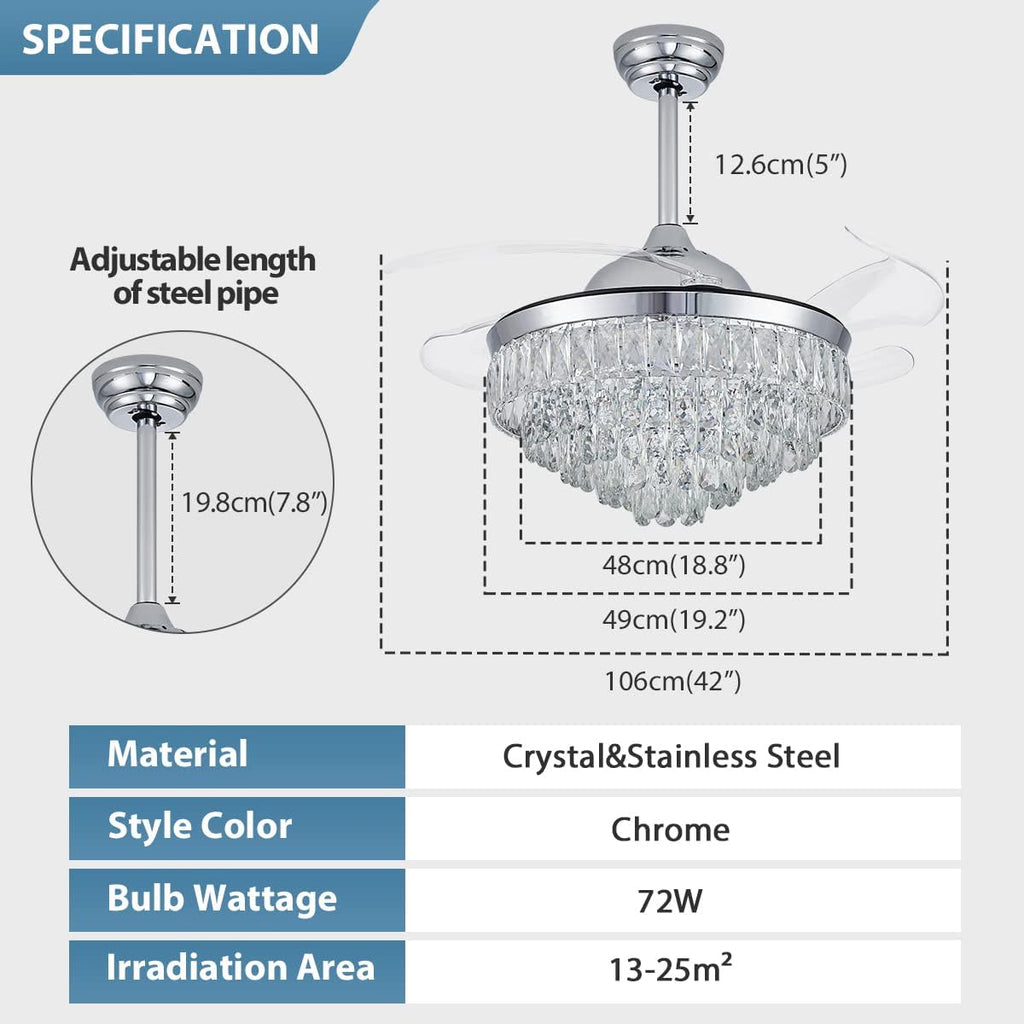 CLAIRDAI 42'' Modern Crystal Fandelier Ceiling Fan with Lights, Dimmable LED Chandelier Fan, Retractable Blades, Remote Control, 6-Speed Quiet Motor with Timer for Bedroom Living Room Dining Room