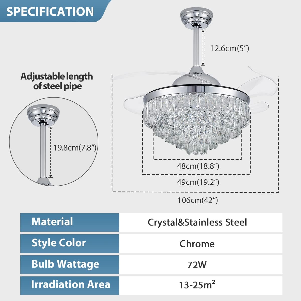 CLAIRDAI 42'' Modern Crystal Fandelier Ceiling Fan with Lights, Dimmable LED Chandelier Fan, Retractable Blades, Remote Control, 6-Speed Quiet Motor with Timer for Bedroom Living Room Dining Room