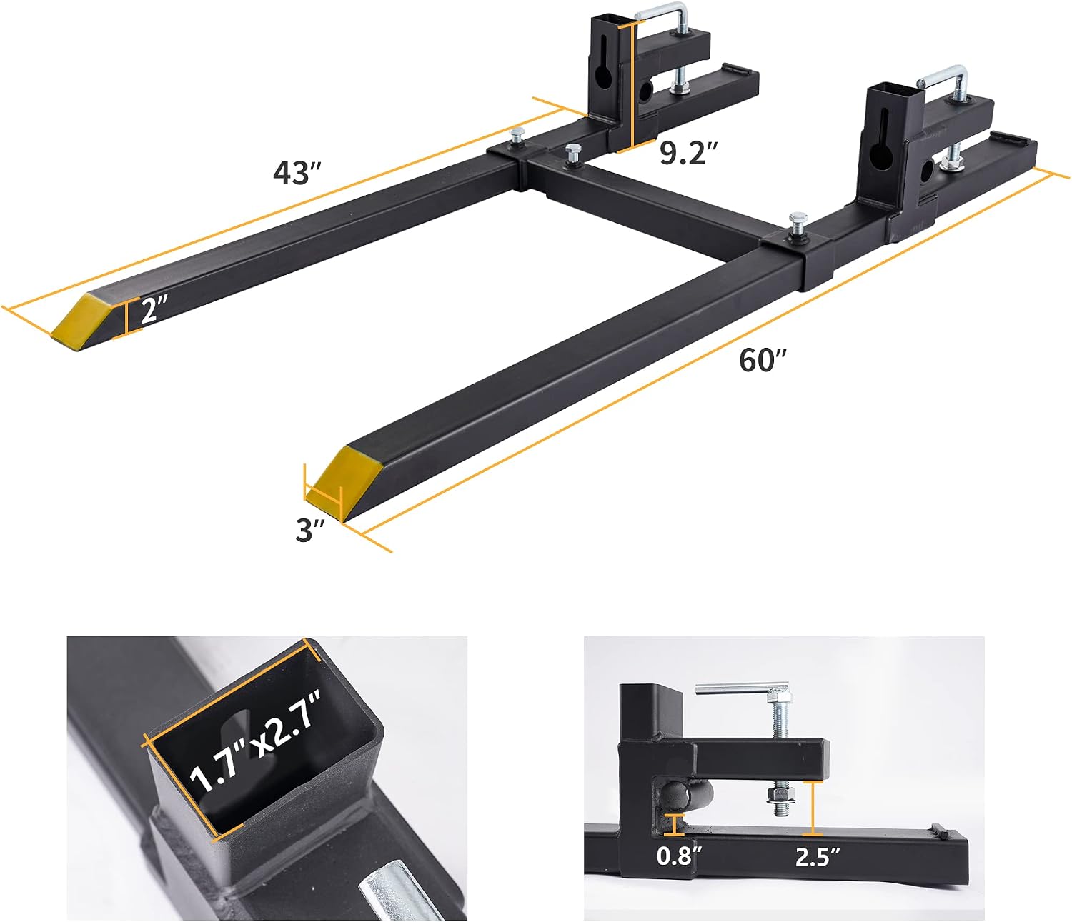 YINTATECH 60' 2000lbs Clamp on Pallet Forks Heavy Duty Tractor Forks with Adjustable Stabilizer Bar Tractor Bucket Forks for Tractor Attachments, Skid Steer, Loader Bucket