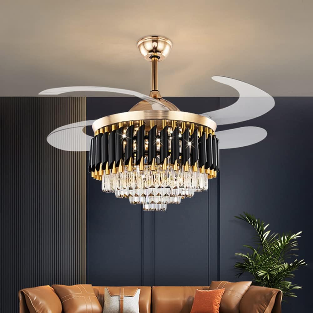 42' Crystal Chandelier Ceiling Fan and Remote, Gold Luxury Chandelier and Fan With 3 Colors 3 Speeds, Retractable Fandelier Ceiling Fan LED Light For Dinning Room Bedroom
