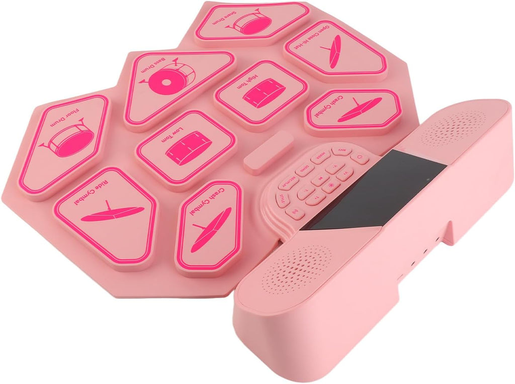 Eujgoov DM300 Dual Speaker Color Electronic Drums Extra Thick Percussion Pad Silicone Hand Rolled Electronic Drums 9 DrumPads with Mallet Foot Pedal MIDI Phantom Light Function (Pink)