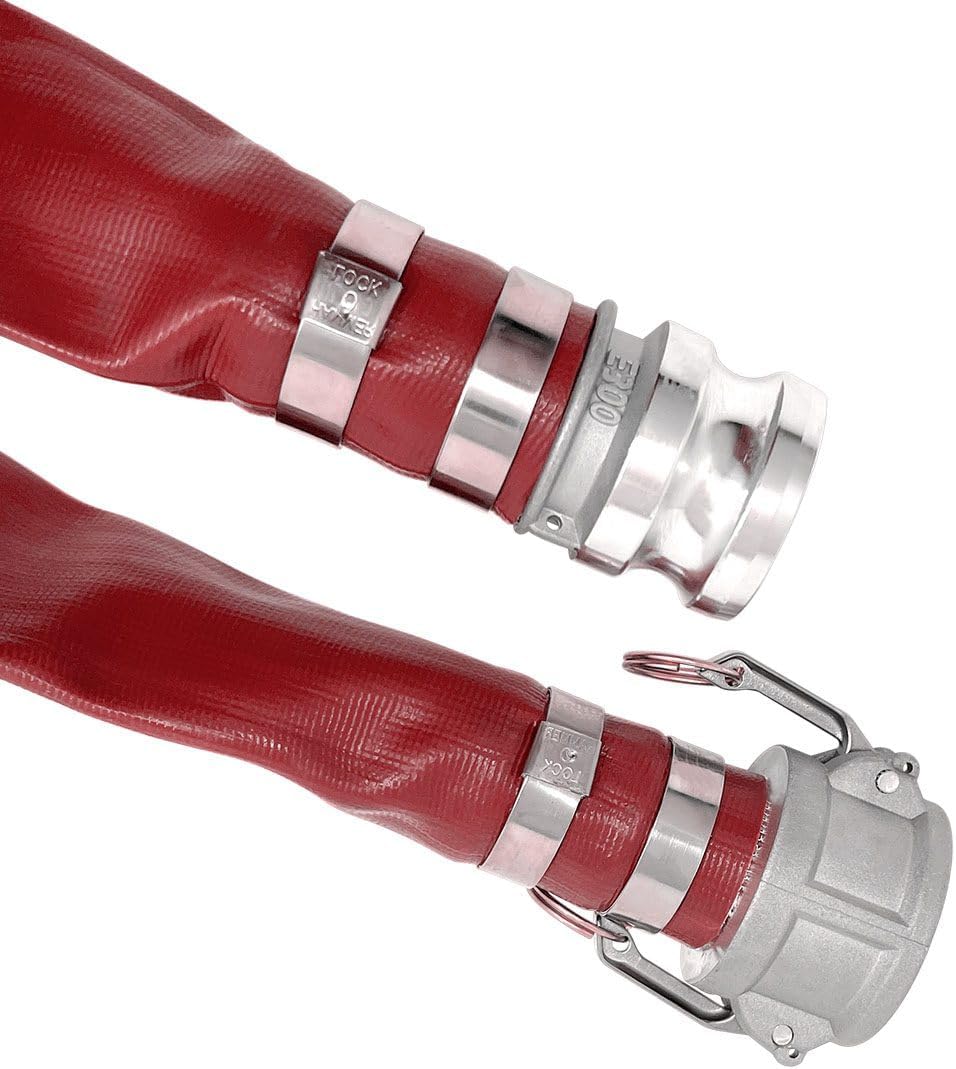 Gloxco 4' x 50′ Red Heavy Duty Lay Flat PVC Discharge Hose Assembly with Aluminum Cam and Groove C and E Fittings