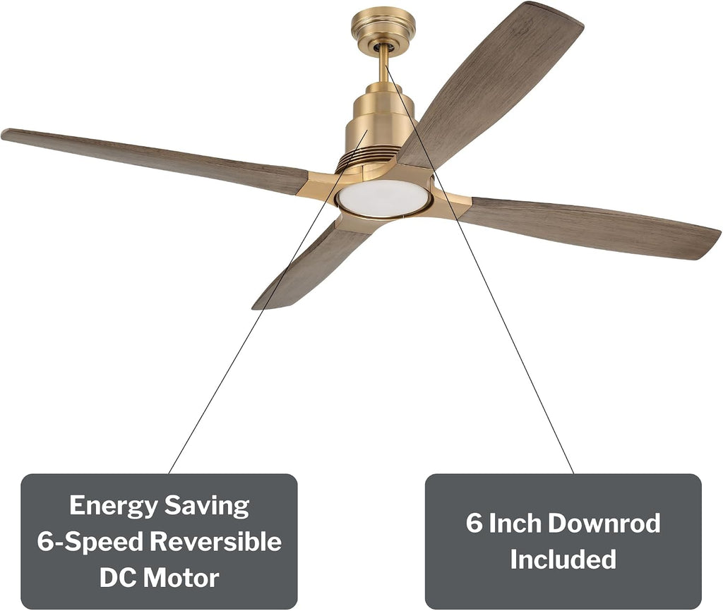 Craftmade RIC60SB4 | 60″ Satin Brass Ceiling Fan with Integrated LED Light (1005 Lumens, 3000K) | 4 or 2 - Blade Driftwood Finish | 6-Speed Reversible DC Motor | Dual-Mount Ceiling Fan | Indoor Use