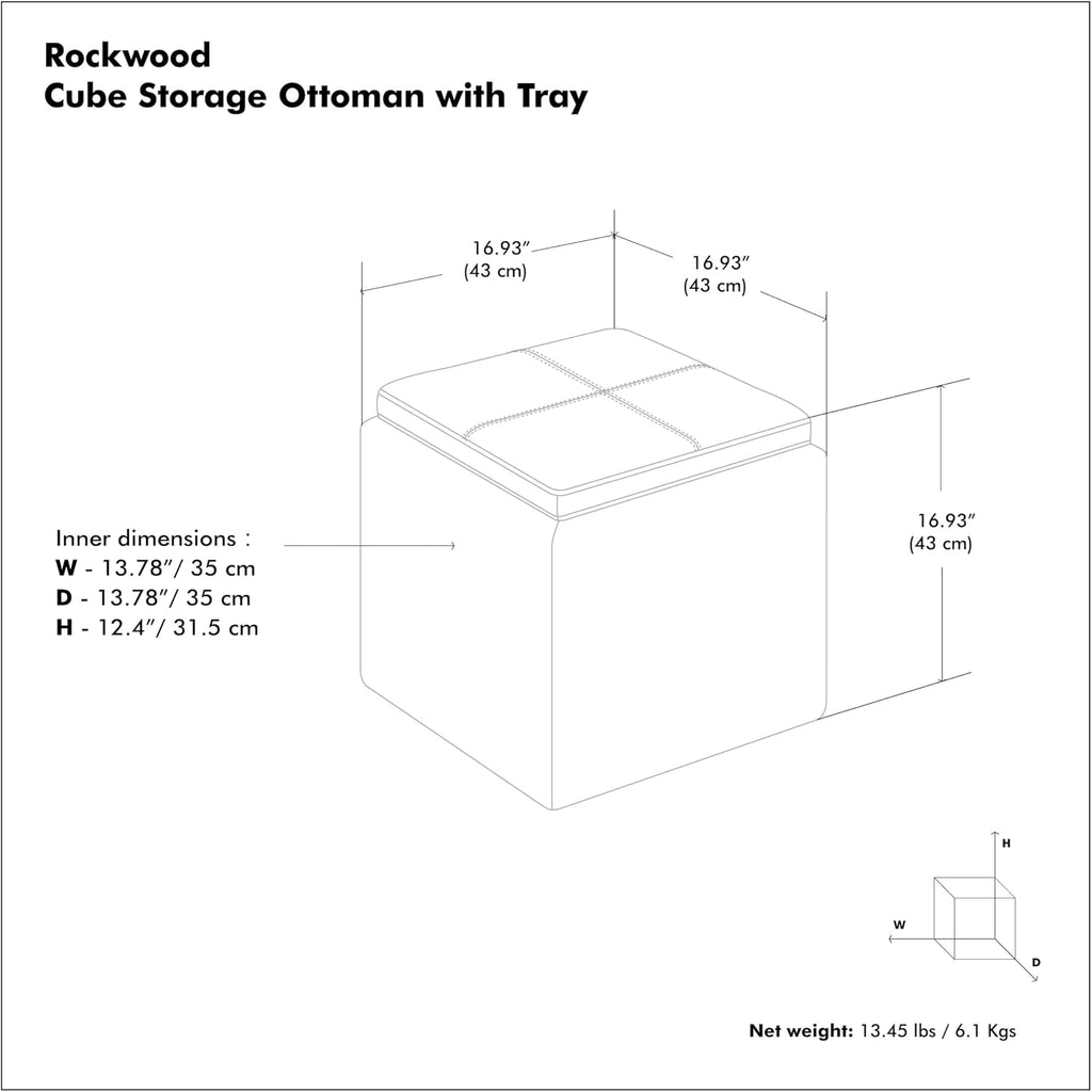 SIMPLIHOME Rockwood Cube Storage Ottoman with Tray - 17' Wide x 17' High Upholstered Tweed Look Fabric Square Storage Ottoman in Mink Brown,Contemporary Cube Ottoman for Living Room with Serving Tray