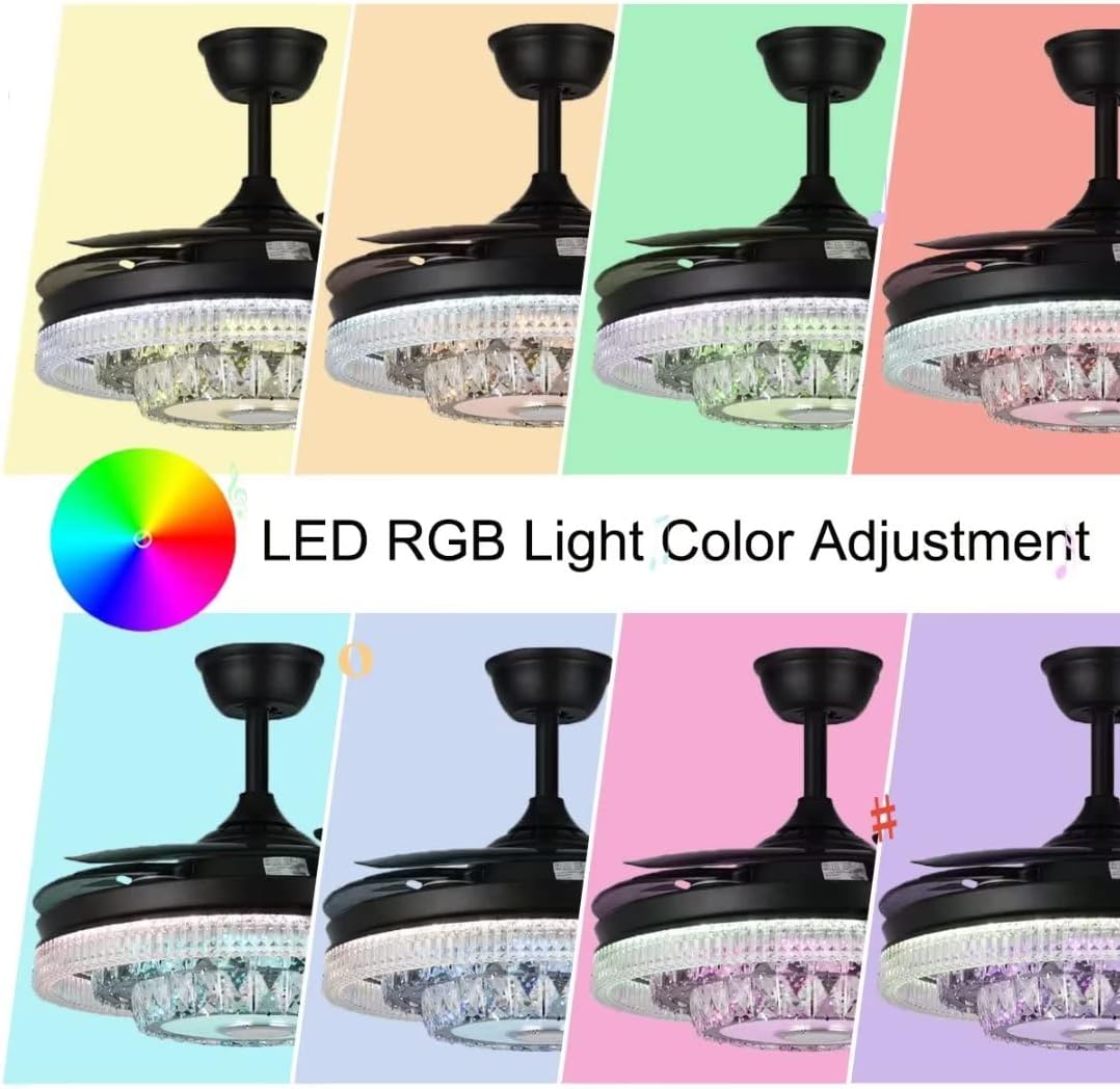 42' Modern Crystal Chandelier Ceiling Fans with Lights Remote Control, Black Rectractable Blade Fandelier with Bluetooth Speaker Forward Reverse 6 Speeds 7 Dimmable for Living Room Bedroom