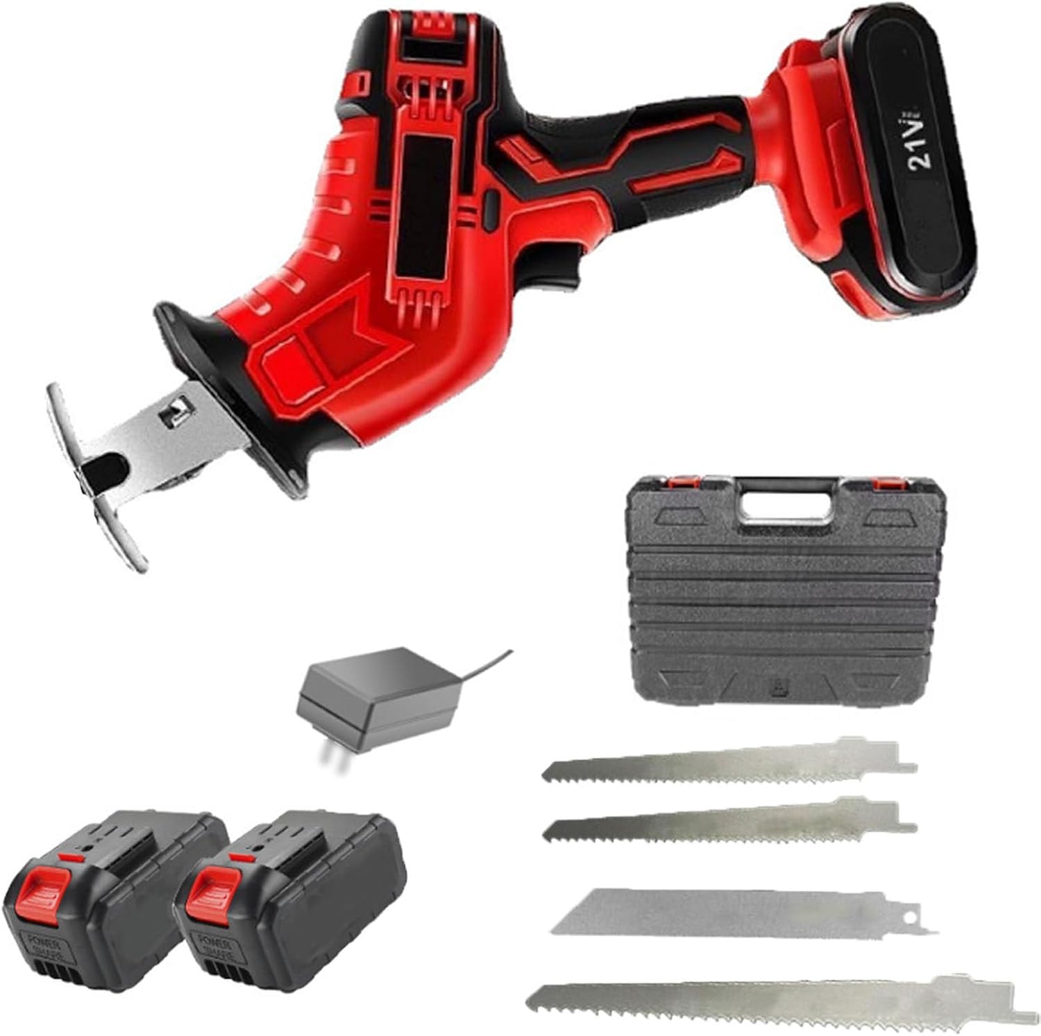 Cordless Reciprocating Saw,21v Electric Saber Saw Set,Led Illuminated Compact One-Handed Tool, with 2 Pieces 6000mah Batteries and Charger, Including 4 Blades