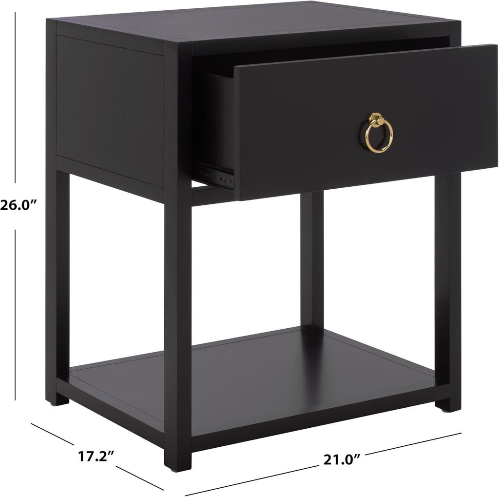 SAFAVIEH Furniture - Sadie 1-Drawer Nightstand - Black - Wood - Glam Gold Hardware Design - Ideal for Bedroom, 21' W x 17.2' D x 26' H - Fully Assembled (NST9201E)