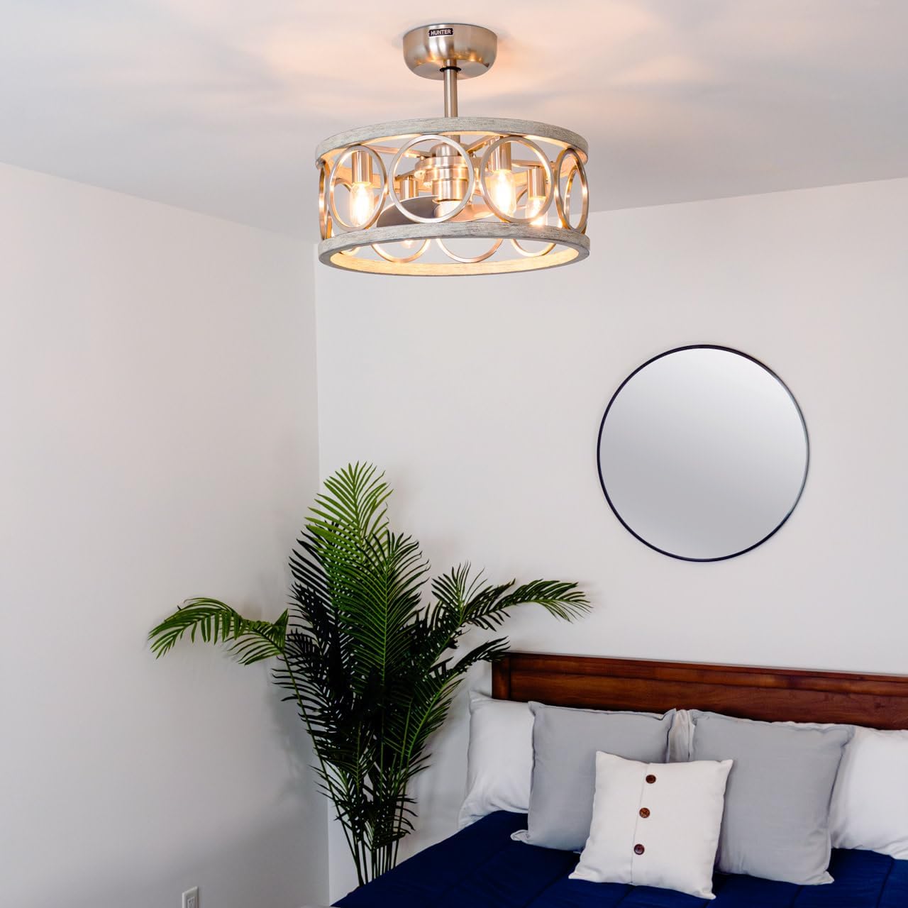 Hunter Haven 22 inch Indoor Fandelier Caged Ceiling Fan with Light and Remote, Brushed Nickel Ceiling Fan with Wood Accents, Industrial Farmhouse Style for Bedrooms, Living Rooms, Home Offices, 50104