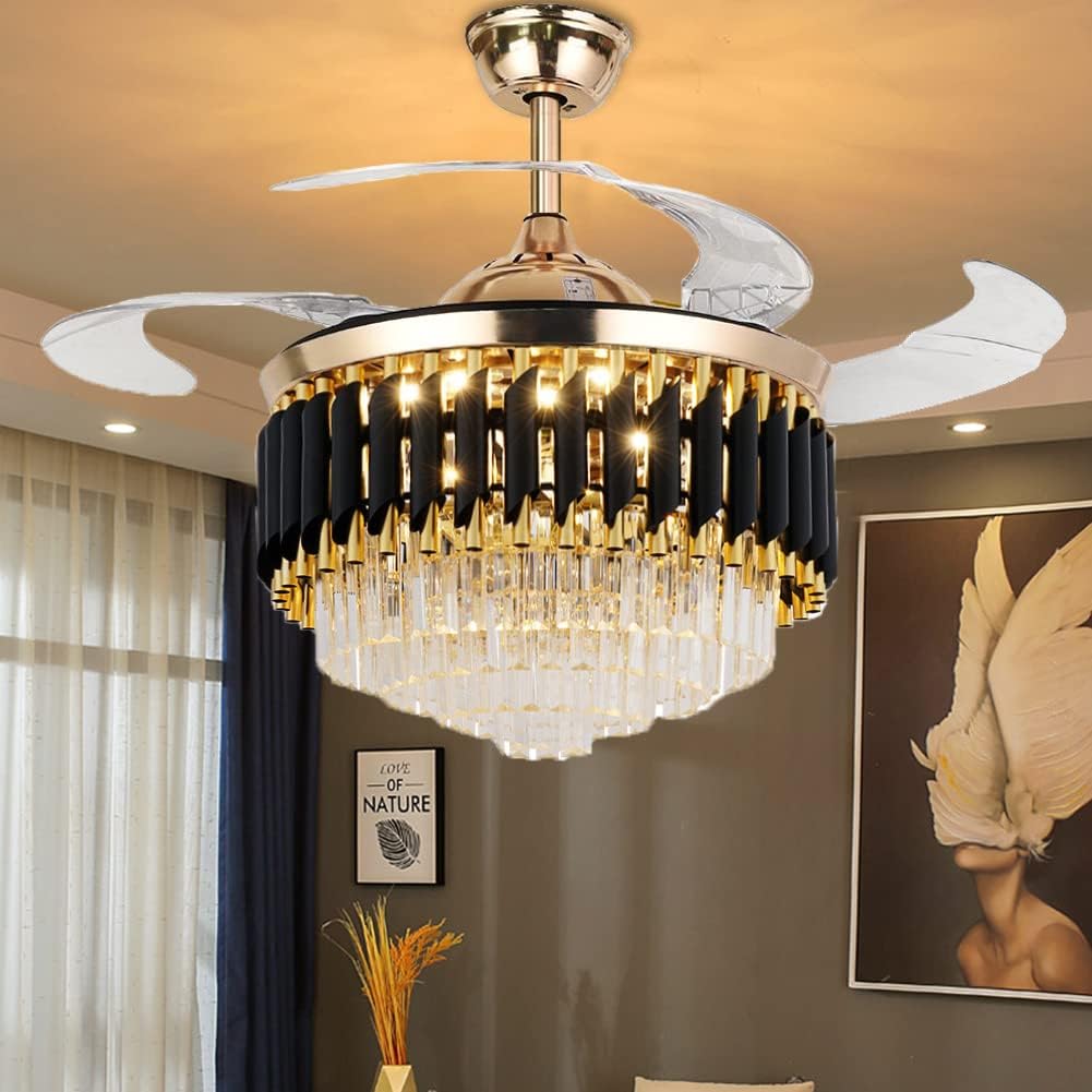 42' Crystal Chandelier Ceiling Fan and Remote, Gold Luxury Chandelier and Fan With 3 Colors 3 Speeds, Retractable Fandelier Ceiling Fan LED Light For Dinning Room Bedroom