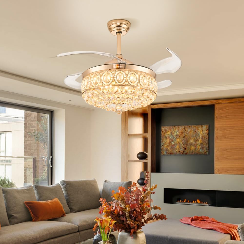 FRIXCHUR 42″ Dimmable Gold Crystal Chandelier Ceiling Fan Modern LED Fandelier Flush Mount Ceiling Fan with Lights and Remote, 6 Speed 3 Color Fans for Living Room Bedroom