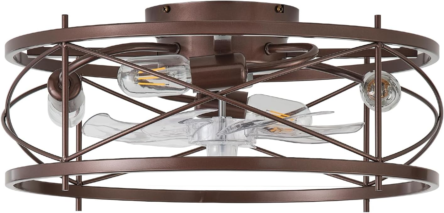 20' Brown Ceiling Fan with Light Flush Mount, Farmhouse Caged Ceiling Fans with Lights and Remote, Bladeless Low Profile Ceiling Fan with 6 Speeds for Bedroom, Living Room, Nursery
