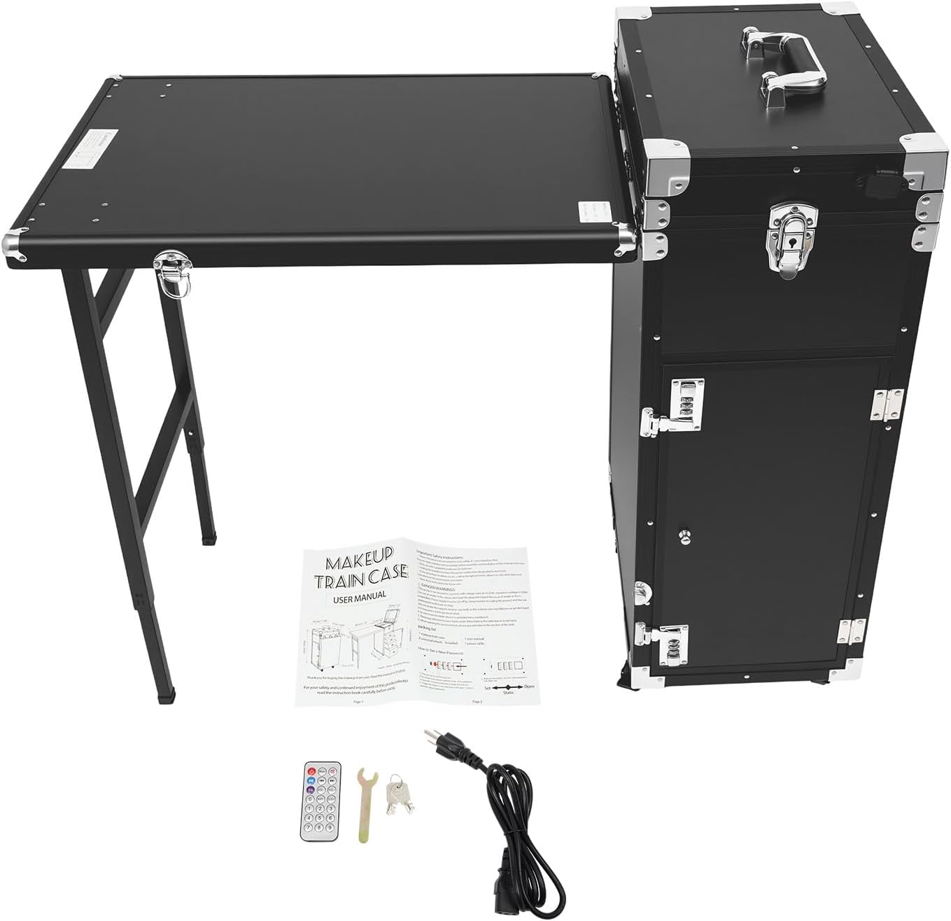 Rolling Manicure Table Train Case with 4 Universal Wheels,Professional Makeup Suitcase With Drawers & Unfold Table,2 Built-In Music Speakers,Travel Cosmetic Storage Train for Artist,Hairstylist(Black)