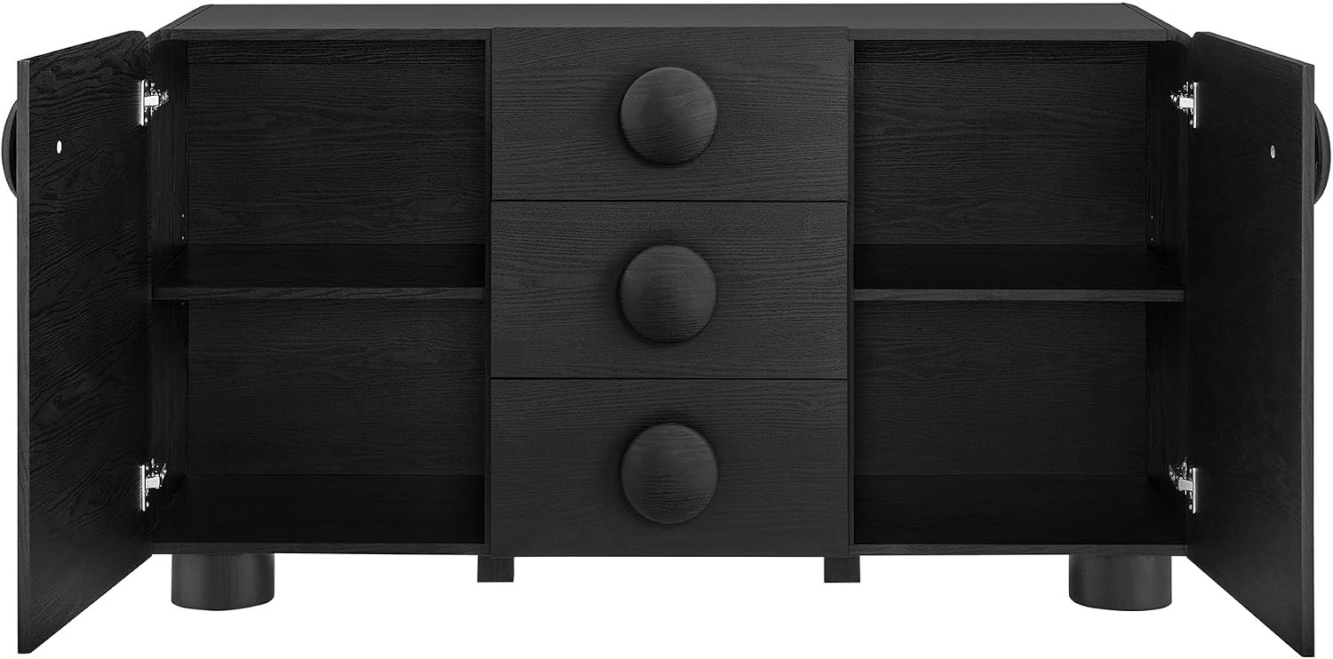 Modway Sonnet Retro Curved Sideboard in Black – 57 Inch Modern Buffet Cabinet with Circle Knobs – Credenza Cabinet with 3 Drawers – TV Stand Media Cabinet for Living Room, Home Office, Lounge Area