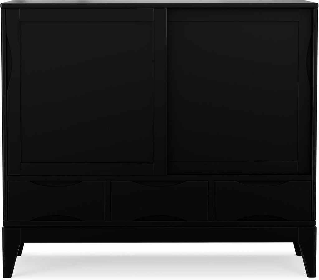 SIMPLIHOME Harper Medium Storage Cabinet - 48 inch Wide Solid Hardwood Sliding Door Cabinet in Black, Mid-Century Modern Cupboard for Living Room or Entryway with 3 Drawers and Tapered Legs