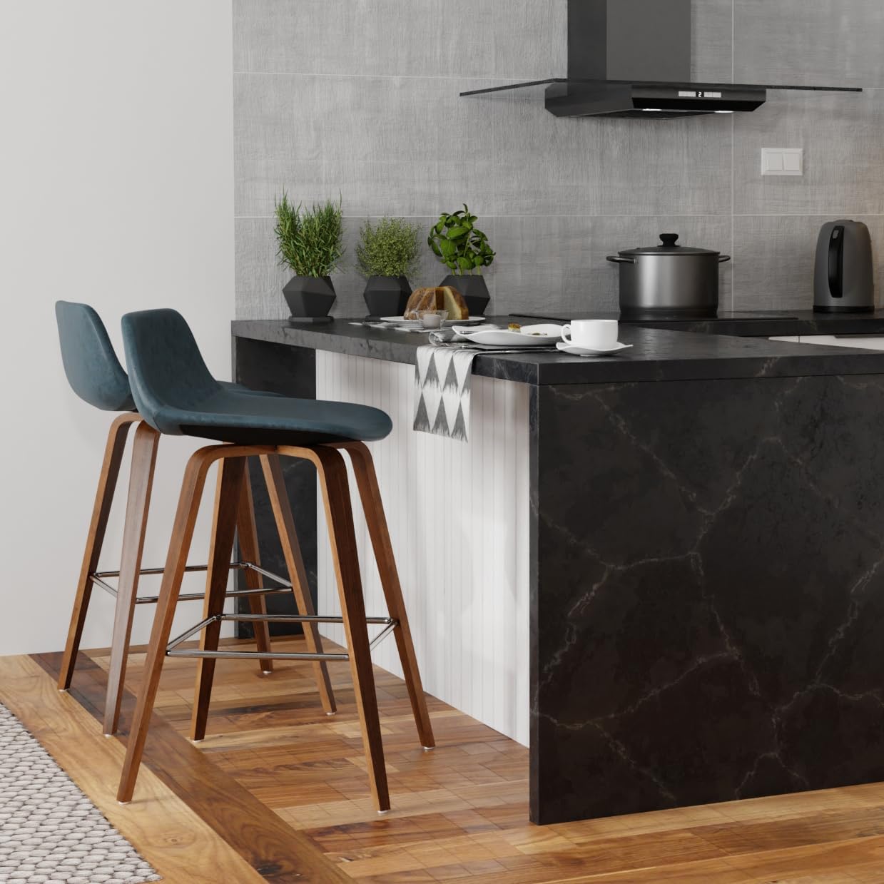 SIMPLIHOME Randolph Counter Stools (Set of 2) - 28 Inch Seat Height Upholstered Bentwood Kitchen Seats in Distressed Blue Vegan Faux Leather, Mid Century Seating with Curved Backrest and Footrest