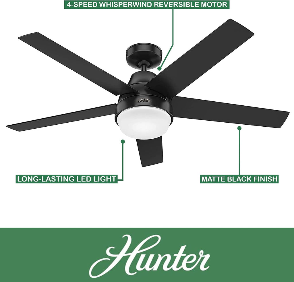 Hunter Fan 52 inch Contemporary Matte Black Indoor Ceiling Fan with Light Kit and Remote Control (Renewed)