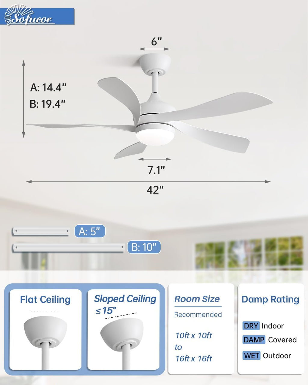Sofucor 42 Inch Ceiling Fan with Lights and Remote, Indoor/Outdoor Ceiling Fan with Light 6-Speed 3 CCT 3-Timer, Low Profile White Ceiling Fan 5 Blade Quiet DC Motor for Bedroom Living Room Patio