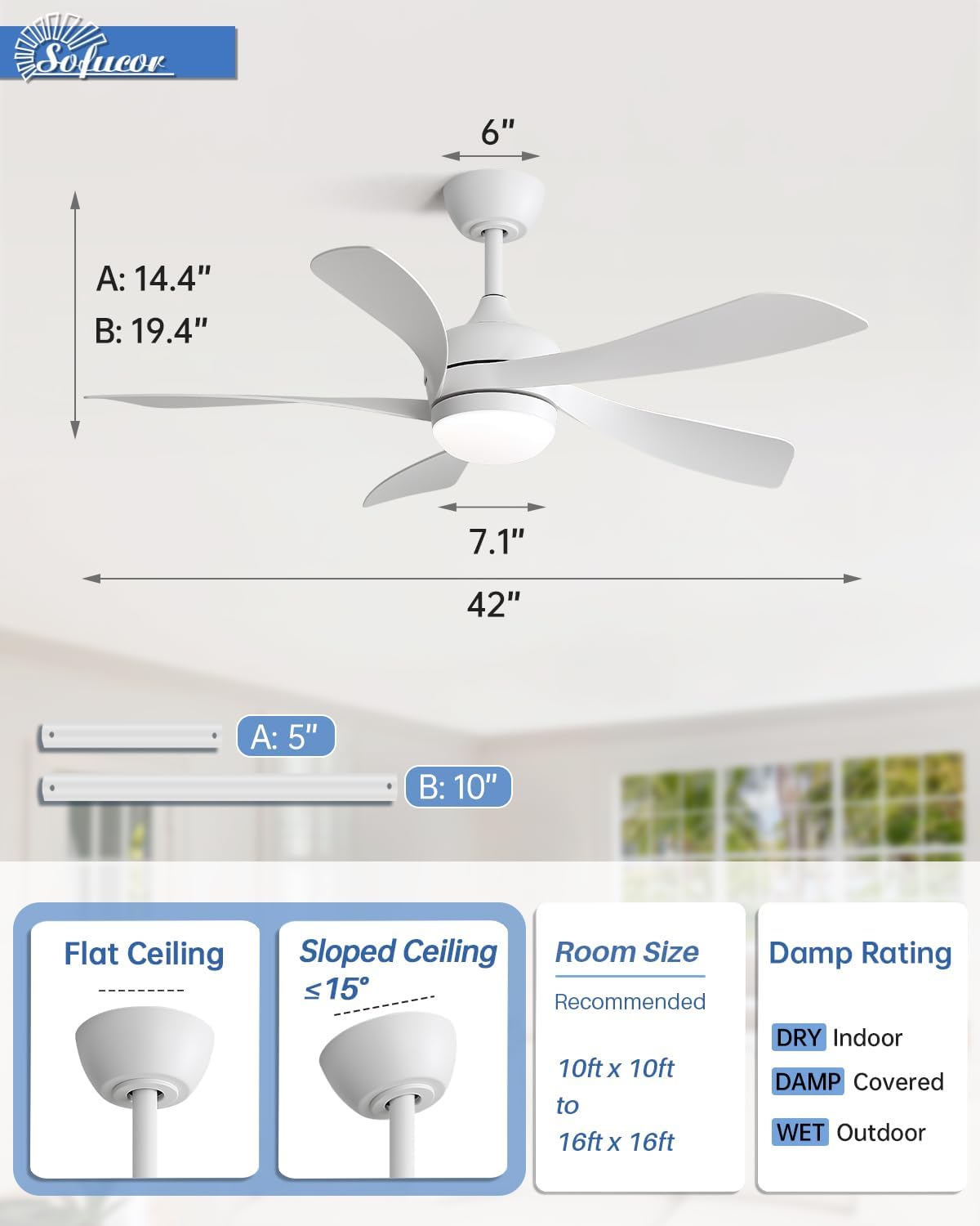 Sofucor 42 Inch Ceiling Fan with Lights and Remote, Indoor/Outdoor Ceiling Fan with Light 6-Speed 3 CCT 3-Timer, Low Profile White Ceiling Fan 5 Blade Quiet DC Motor for Bedroom Living Room Patio