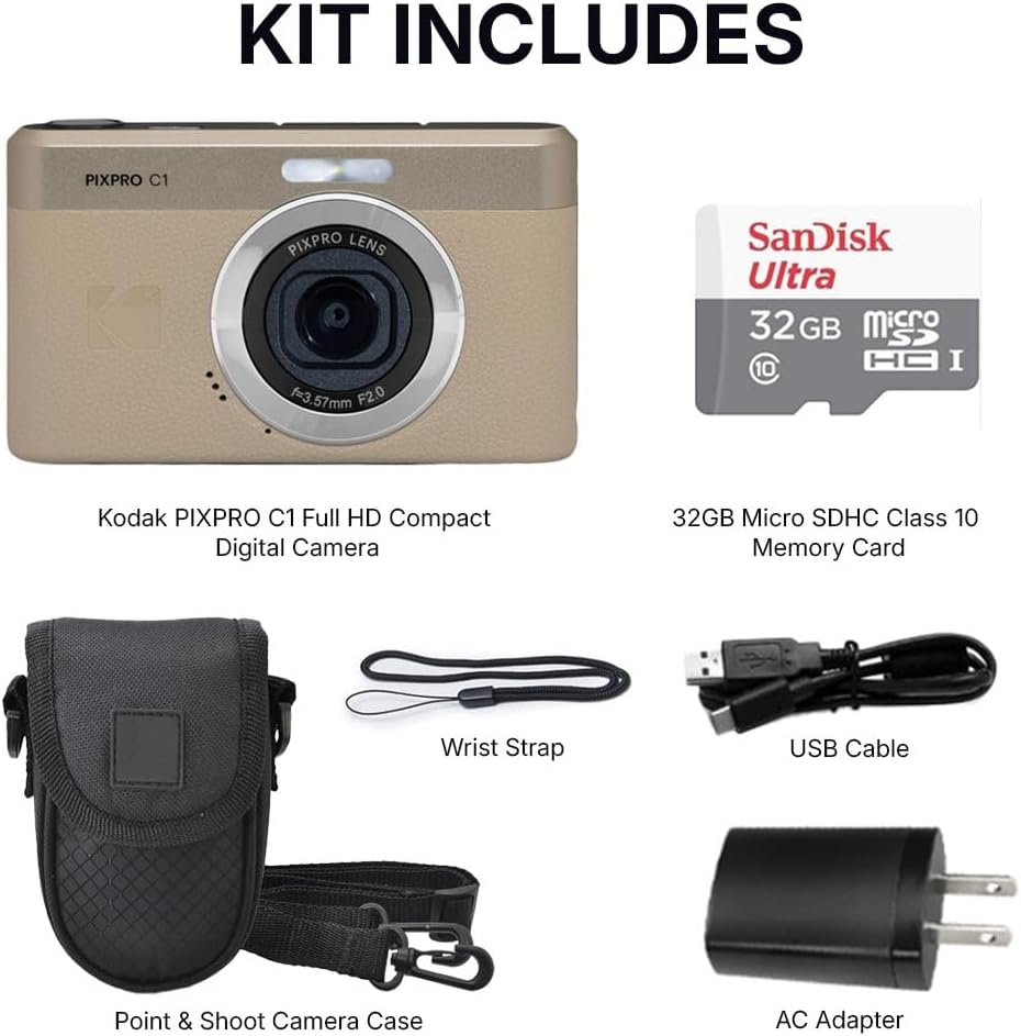 Kodak PIXPRO C1 Digital Camera, 13MP Compact Point & Shoot, 2.8″ 180° Flip LCD Screen, 26mm Wide Angle Lens, 4X Digital Zoom, 1080P Full HD Video, Tan + Camera Case & 32GB Micro SD Card
