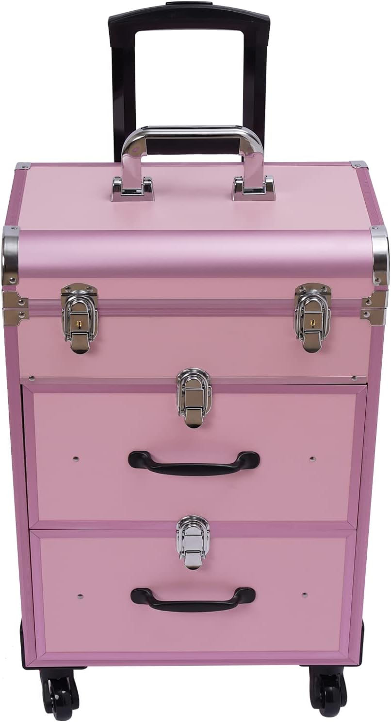 Professional Rolling Makeup Case Train Case Cosmetic Organizer Trolley Lockable Rolling Make-ups Case Storage Cart Makeup Train Case Cosmetology Case On Wheels (Pink|3 trays|Type B)