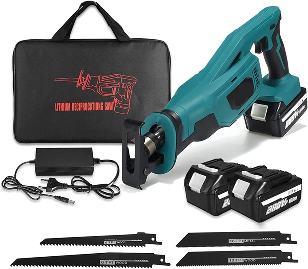 1500W 288VF Cordless Reciprocating Saw Electric Metal Wood Cutting Tool For 18V Battery With Blades 1/2PC Li-ion Battery(2 battery)