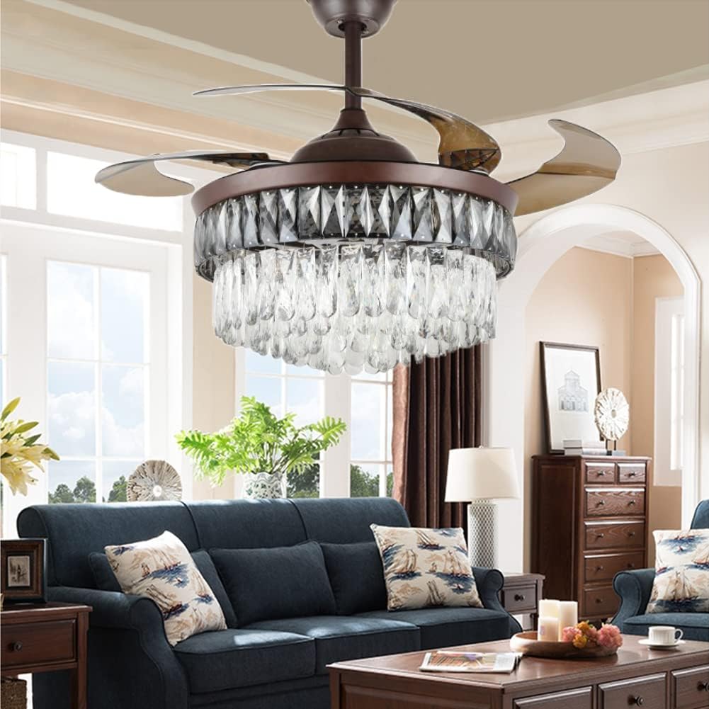 42' Crystal Fandelier Ceiling Fan, Brown Crystal Chandelier Fan, Ceiling Fans with Retractable Blades Lights and Remote with 3 Colors 3 Speeds for Dinning Room Bedroom