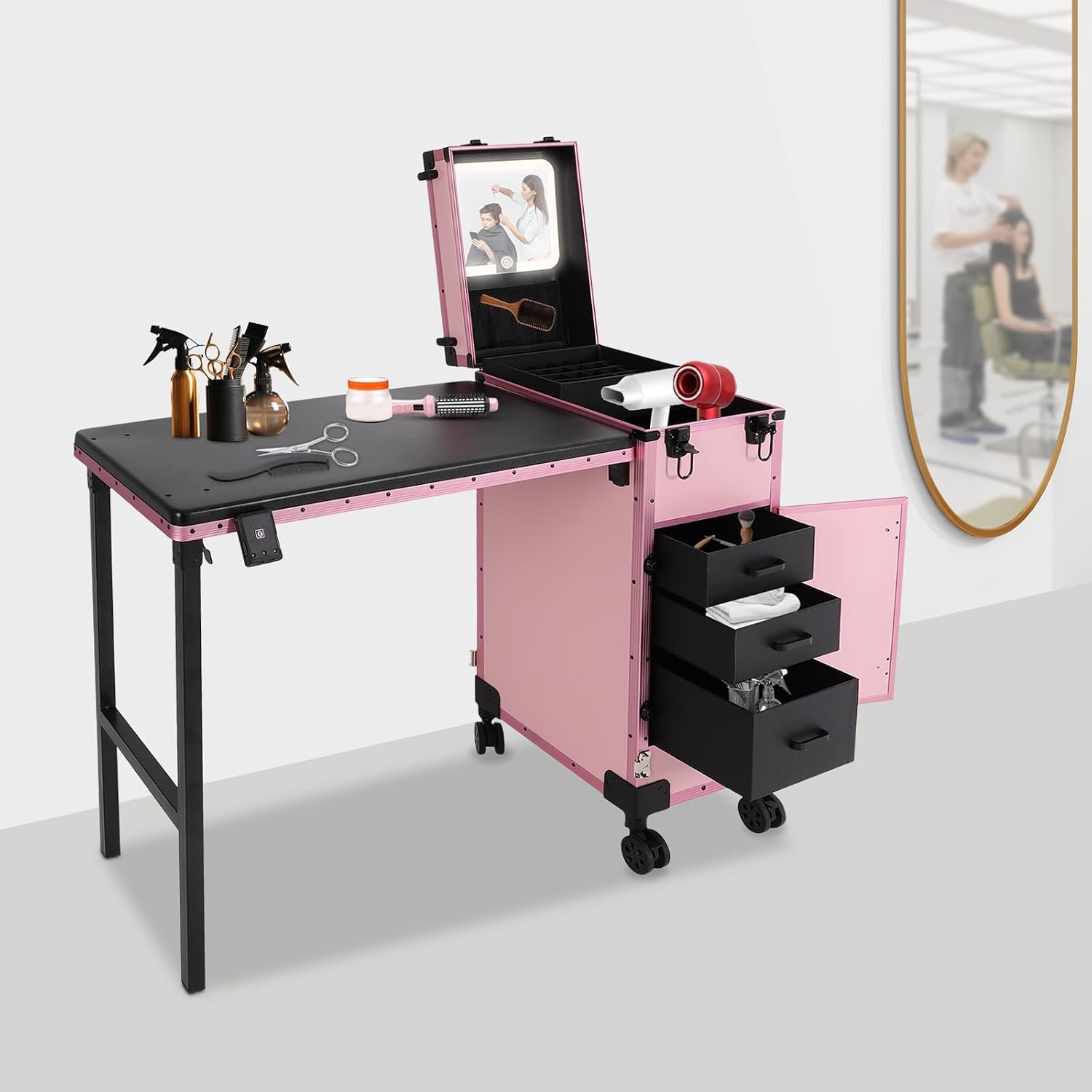 Professional Rolling Makeup Case, Foldable Nail Tables with Detachable Lighted Mirror, Travel Cosmetic Trolley Storage Organizer with Drawers & Lock, Manicure for Artist (Pink)