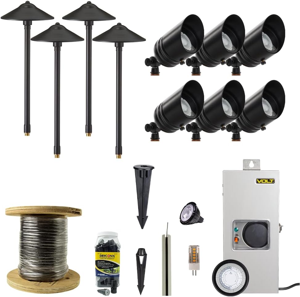 VOLT 12V Black Brass LED Landscape Lighting Kit (6 Spotlights, 4 Path Lights) with 150W Low Voltage Transformer for House, Yard, Outdoor Pathway, Walkway, Garden, Driveway or Patio