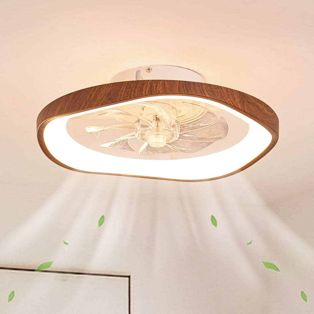 20″ Low Profile Ceiling Fan with Lights, Farmhouse Retro Walnut Wood Grain Ceiling Fan Light, Bladeless Dimmable LED Chandelier Fans for Bedroom Porch