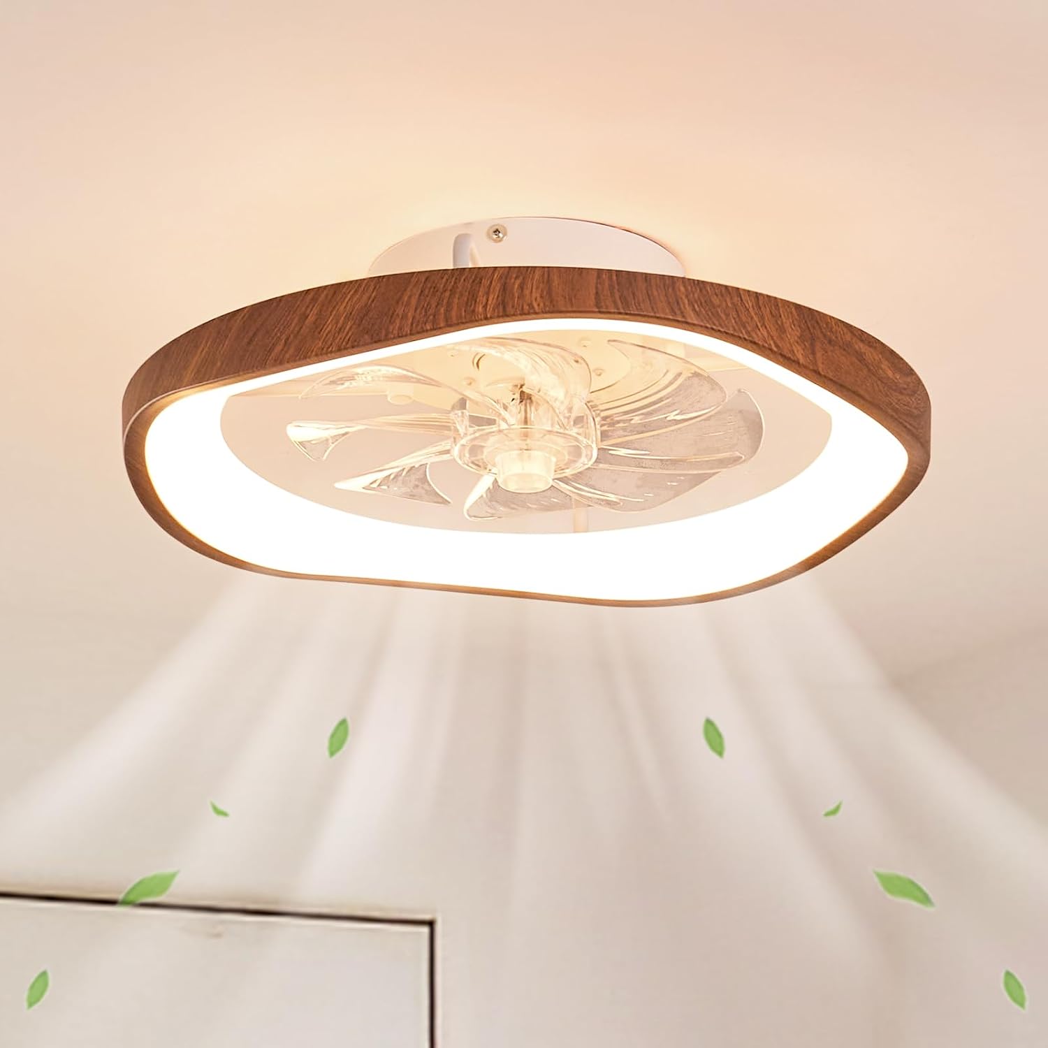 20″ Low Profile Ceiling Fan with Lights, Farmhouse Retro Walnut Wood Grain Ceiling Fan Light, Bladeless Dimmable LED Chandelier Fans for Bedroom Porch