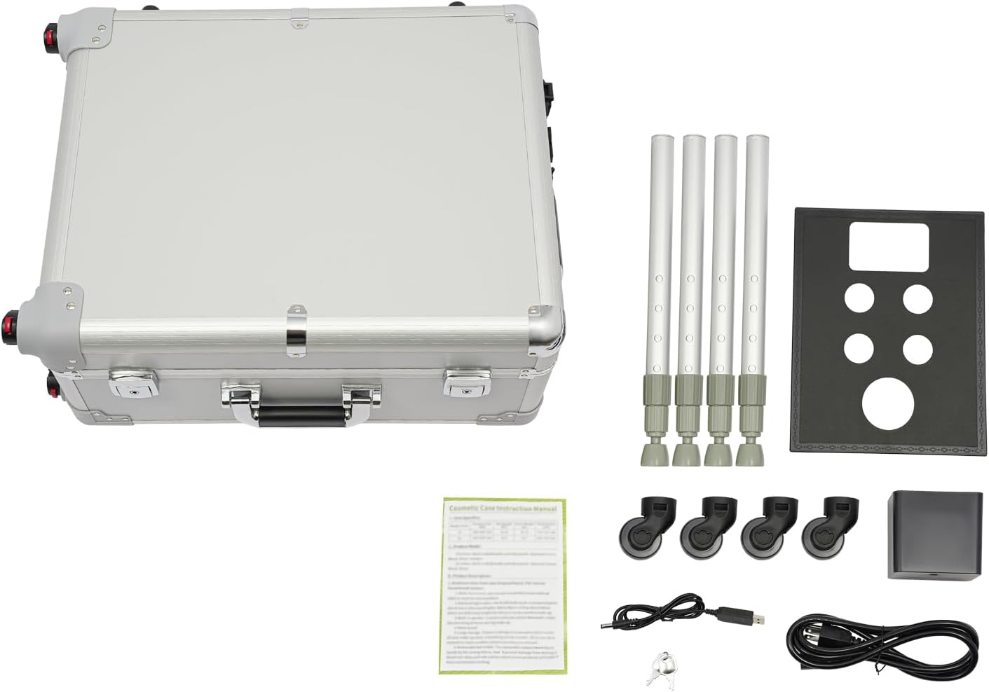 21'' Aluminum Lockable Makeup Travel Case, Rolling Makeup Train Case with LED Lights Mirror & Socket and Charging Ports, Makeup Vanity Station for Makeup Artists, Hairdressers, Beauticians (Silver)