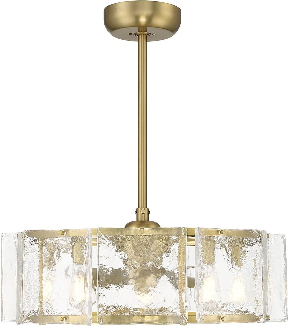 Savoy House 27-FD-8201-322 Genry Fandelier Coastal Clear Water Piastra Glass Drum Chandelier Ceiling Fan with Light and Remote, 5-Light 40 Total Watts, 17' H x 27' W, Warm Brass