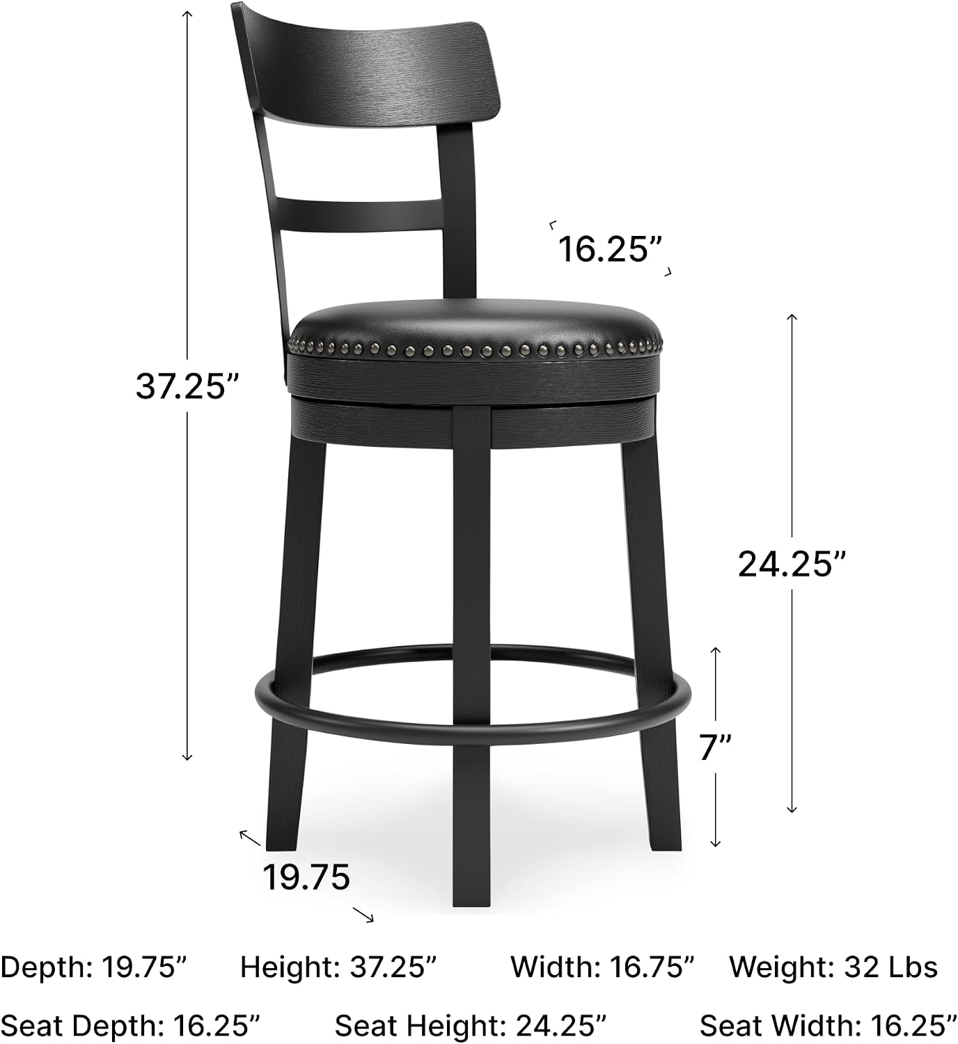 Signature Design by Ashley Valebeck Faux Leather Upholstered Swivel Barstool, Nailhead Trim, Solid Wood, 16.75' W x 19.75' D x 37.25' H, Antique Black