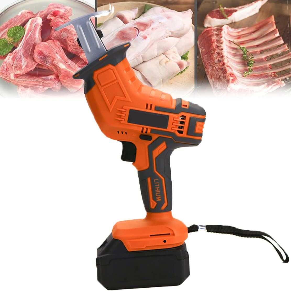 Electric Bone Saw,Cordless Reciprocating Saw with LED Light, Battery Powered,2 Blades, 0-3000RPM Variable Speed for Frozen Meat Pork Fish Ribs(1Battery+2Sawtooth)