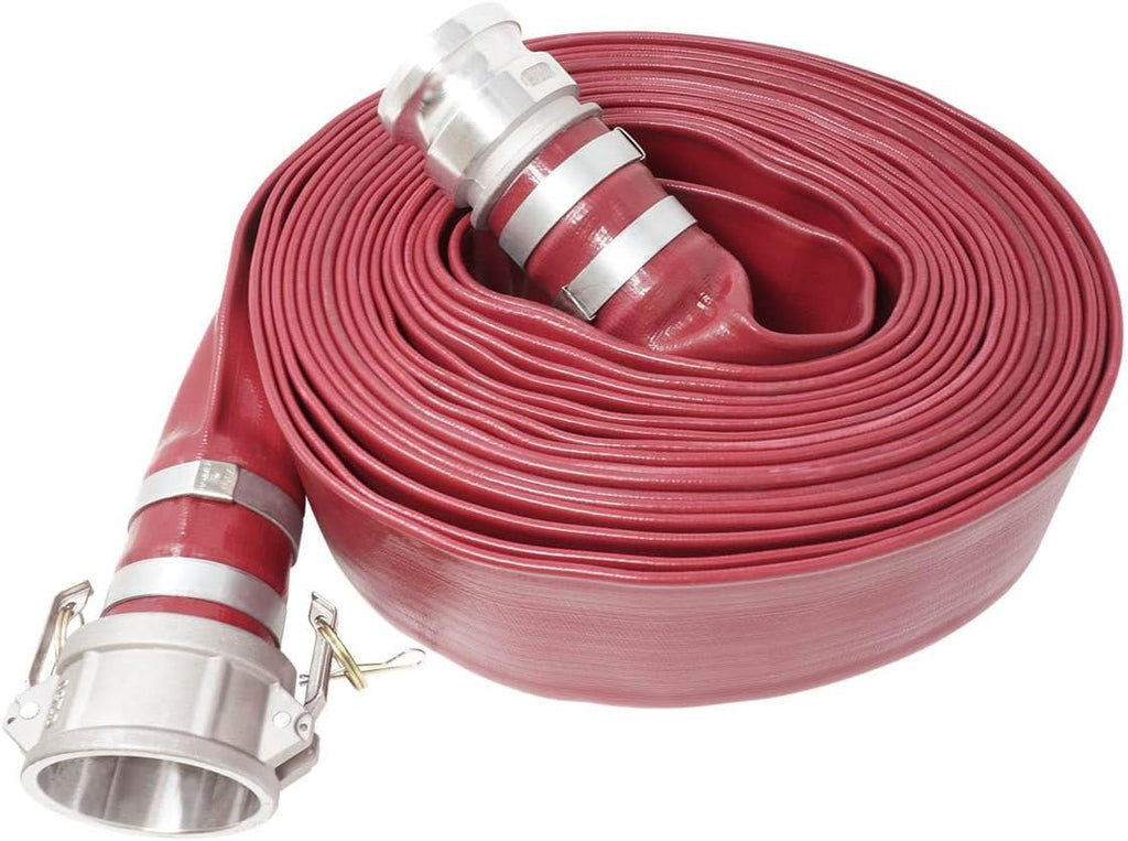 Gloxco 2-1/2' x 50′ Red Heavy Duty Lay Flat PVC Discharge Hose Assembly with Aluminum Cam and Groove C and E Fittings