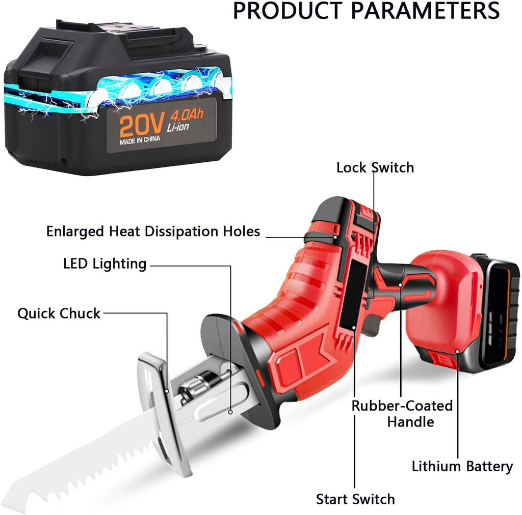 Electric Bone Saw with Battery, 0-3000rpm Stainless Steel Saw Blade, LED Lighting, Cordless Reciprocating Saw for Wood, Trees, Metal, PVC Pipe