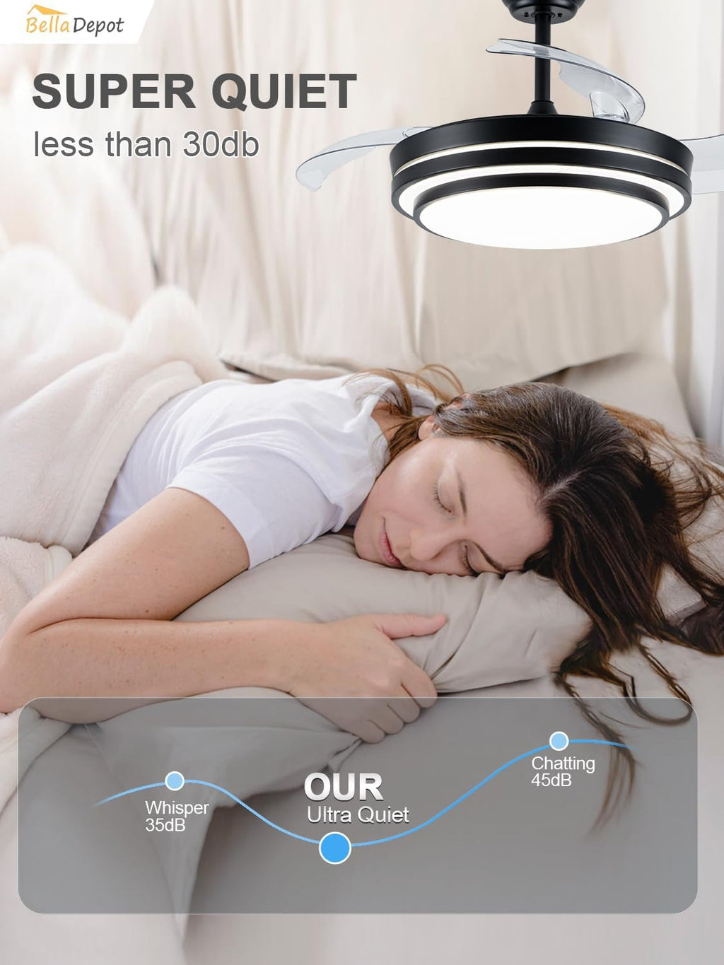 Bella Depot 42 Inch Retractable Ceiling Fan with Dimmable LED Light and Remote with 3 Color Change, Timing Options, Silent Noiseless for Dining Room Bedroom Kitchen (Black, 42')